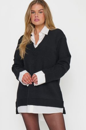 Lyle Collared Sweater Dress ~ White Black Knit