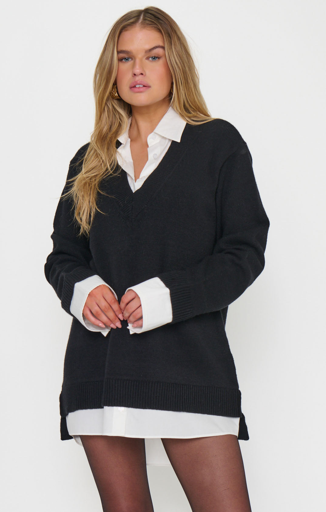 Lyle Collared Sweater Dress ~ White Black Knit