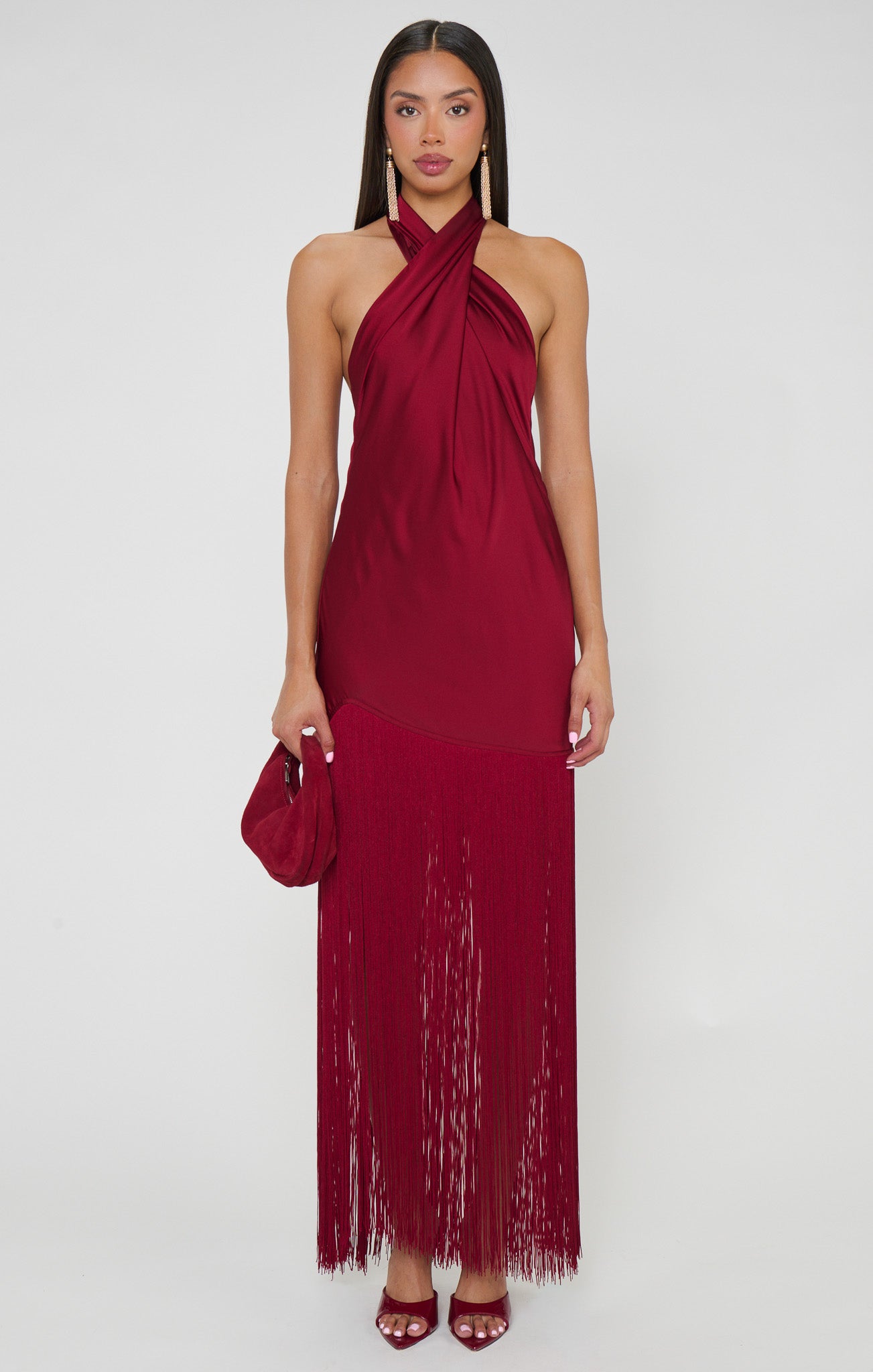 Jasmine Fringe Maxi Dress ~ Cranberry Luxe Satin - Image 3