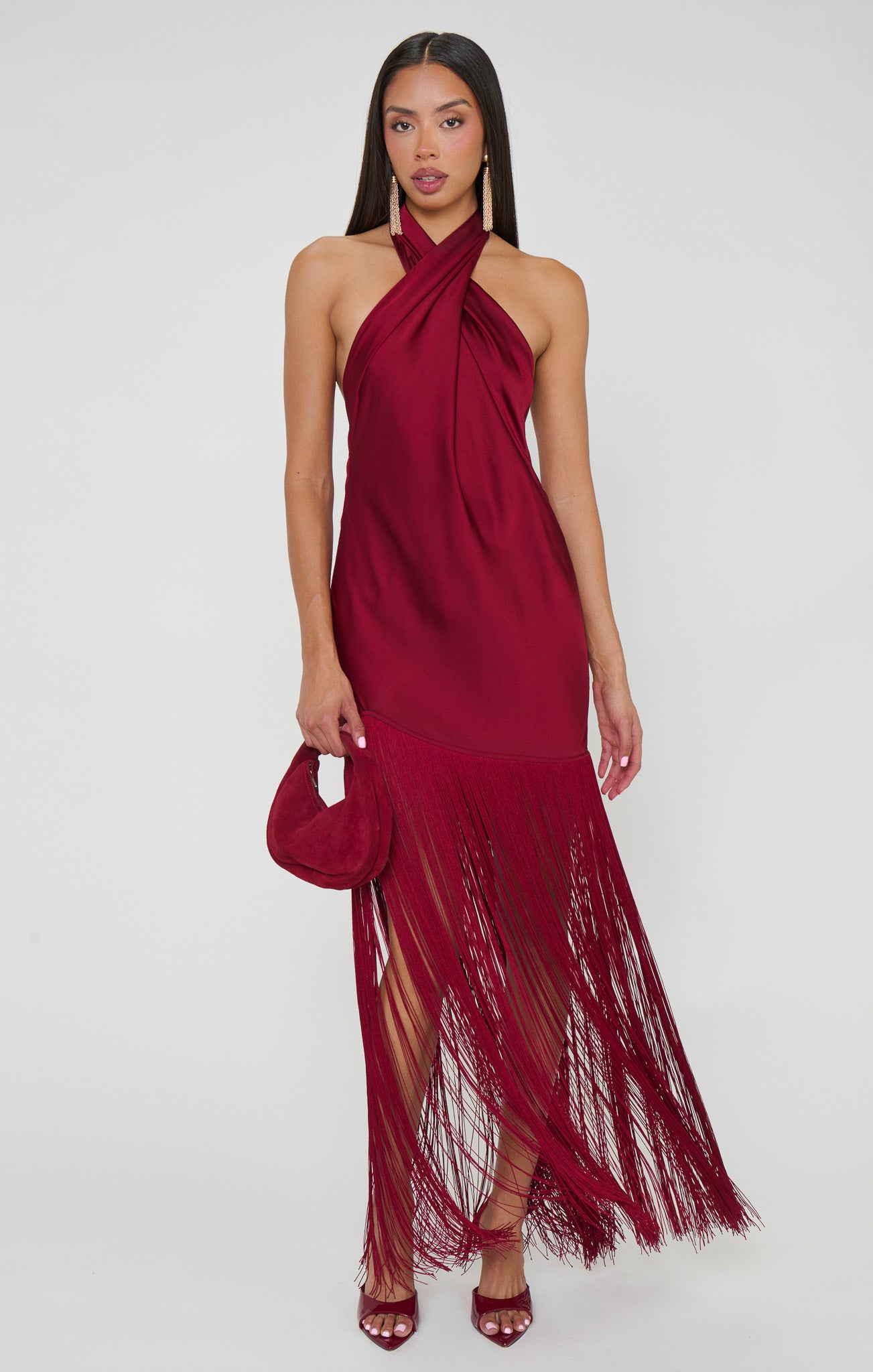 Jasmine Fringe Maxi Dress ~ Cranberry Luxe Satin - Image 5