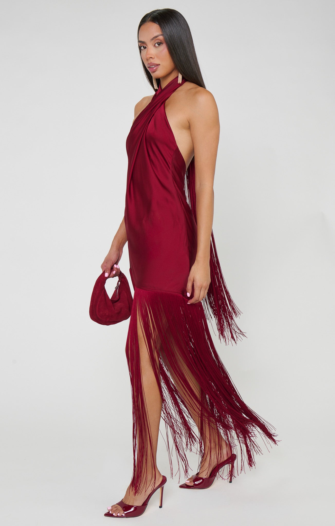 Jasmine Fringe Maxi Dress ~ Cranberry Luxe Satin - Image 6