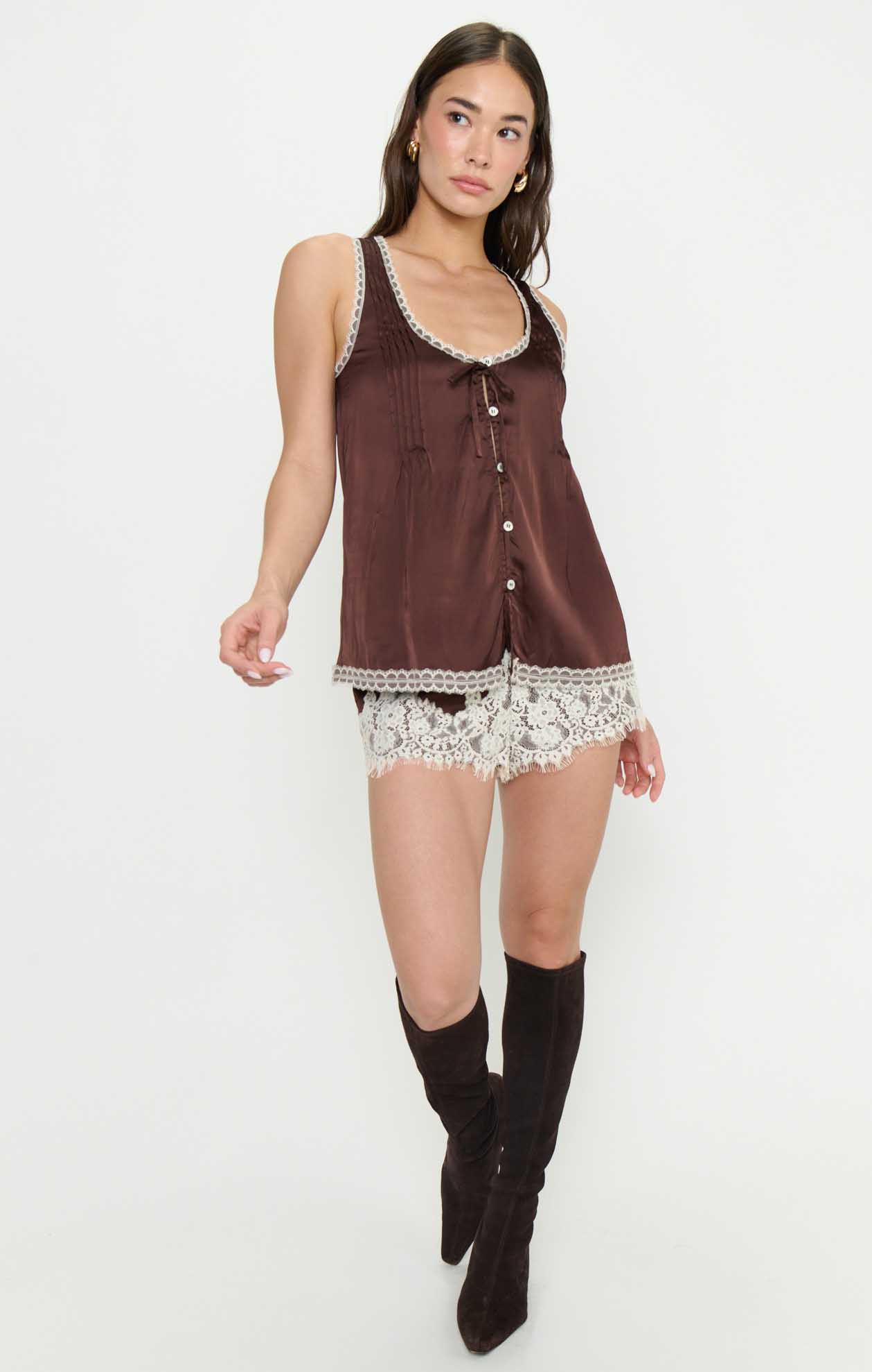Sandra Top ~ Chocolate Satin with Lace Trim - Image 3