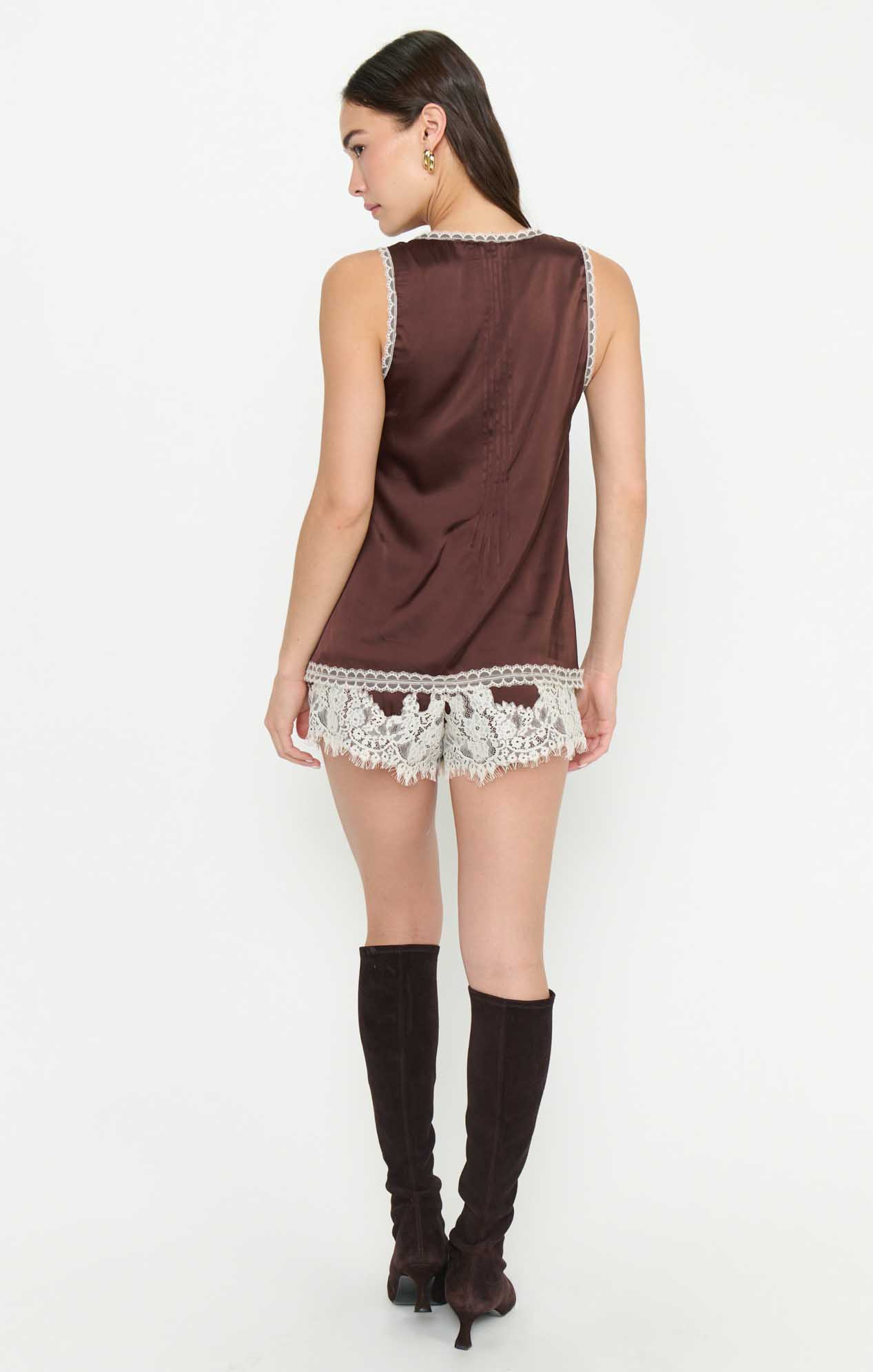 Sandra Top ~ Chocolate Satin with Lace Trim - Image 4