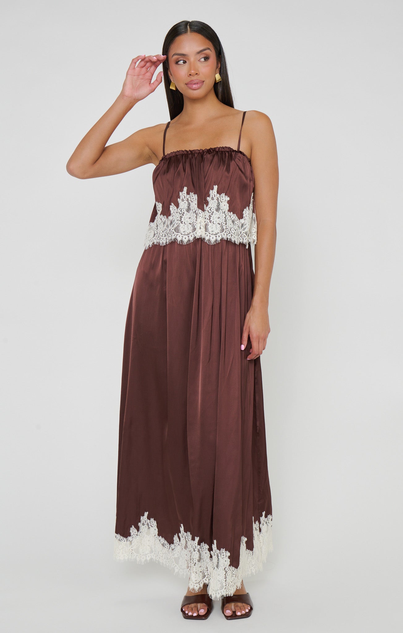 Emmylou Maxi Dress ~ Chocolate Satin with Lace Trim - Image 2