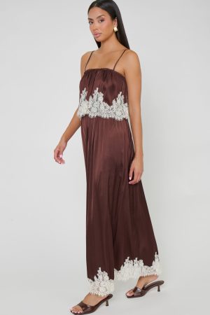 Emmylou Maxi Dress ~ Chocolate Satin with Lace Trim