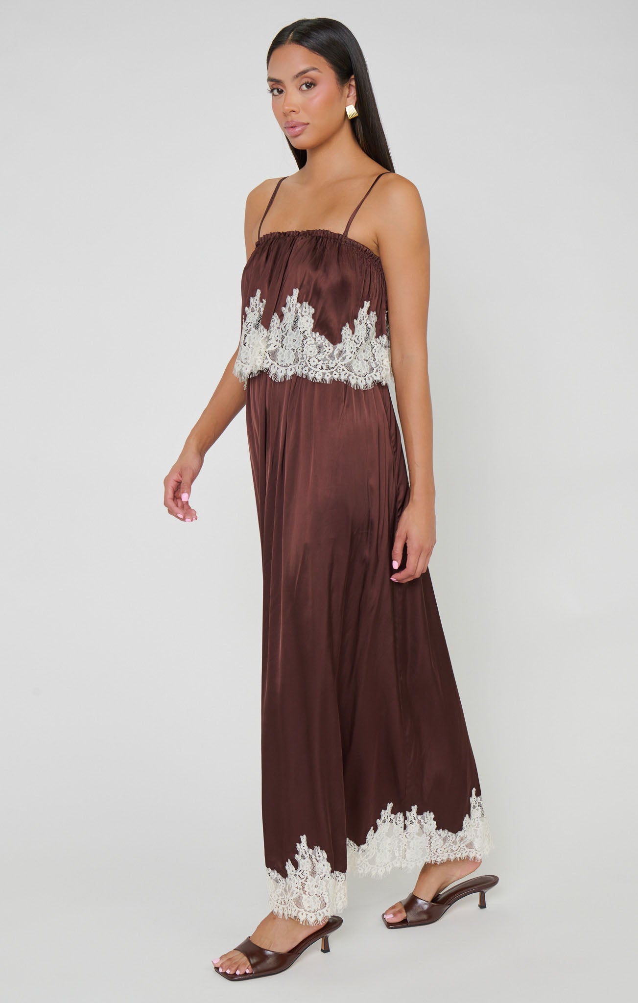 Emmylou Maxi Dress ~ Chocolate Satin with Lace Trim