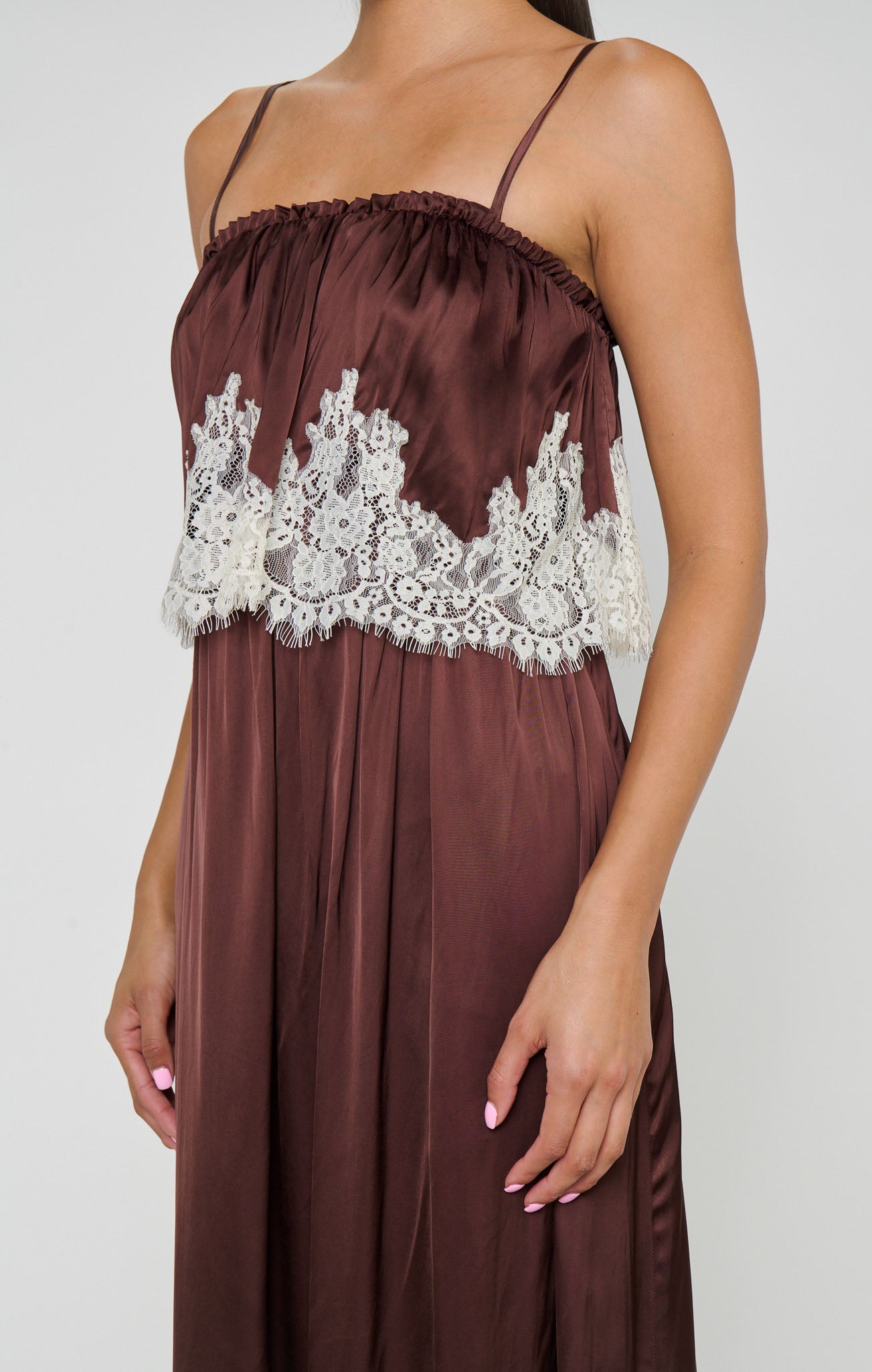 Emmylou Maxi Dress ~ Chocolate Satin with Lace Trim - Image 3