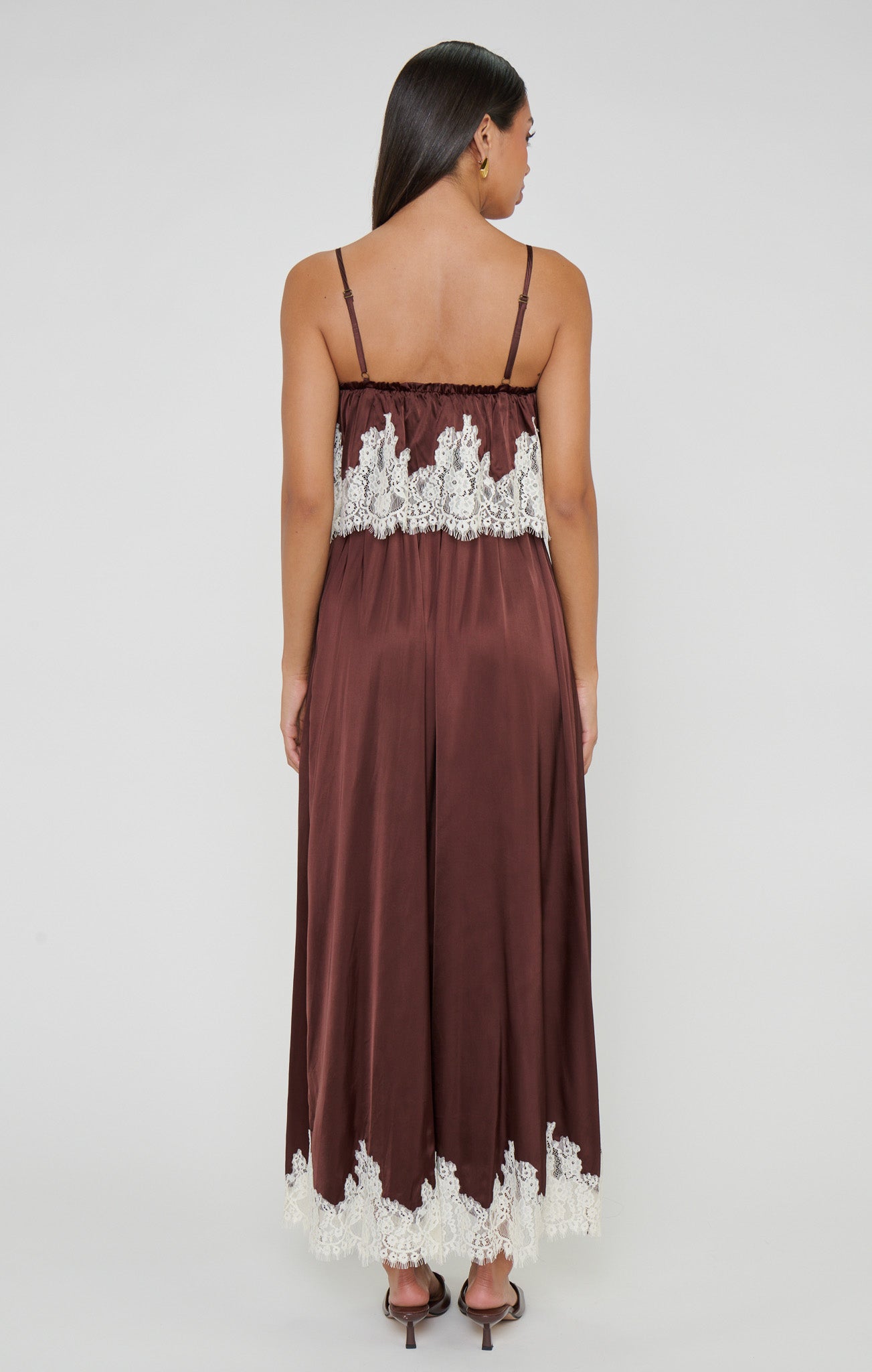 Emmylou Maxi Dress ~ Chocolate Satin with Lace Trim - Image 4