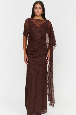 Angelina Maxi Dress ~ Chocolate Luxe Satin With Lace