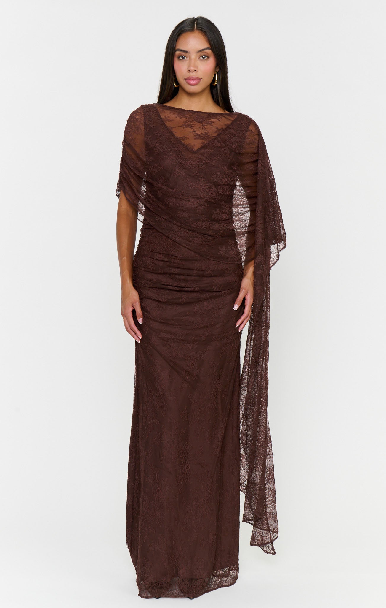 Angelina Maxi Dress ~ Chocolate Luxe Satin With Lace
