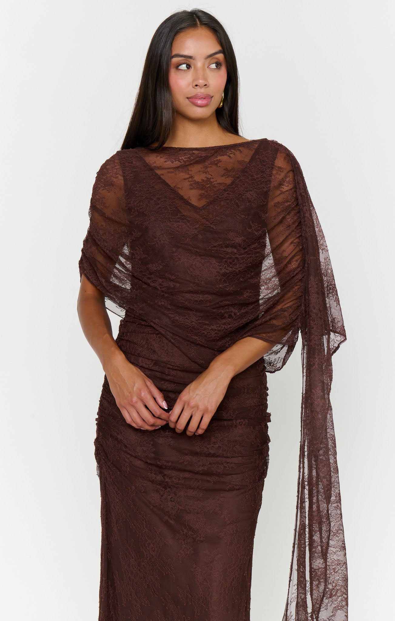 Angelina Maxi Dress ~ Chocolate Luxe Satin With Lace - Image 2