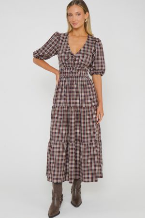 Brianna Midi Dress ~ Saddle Plaid