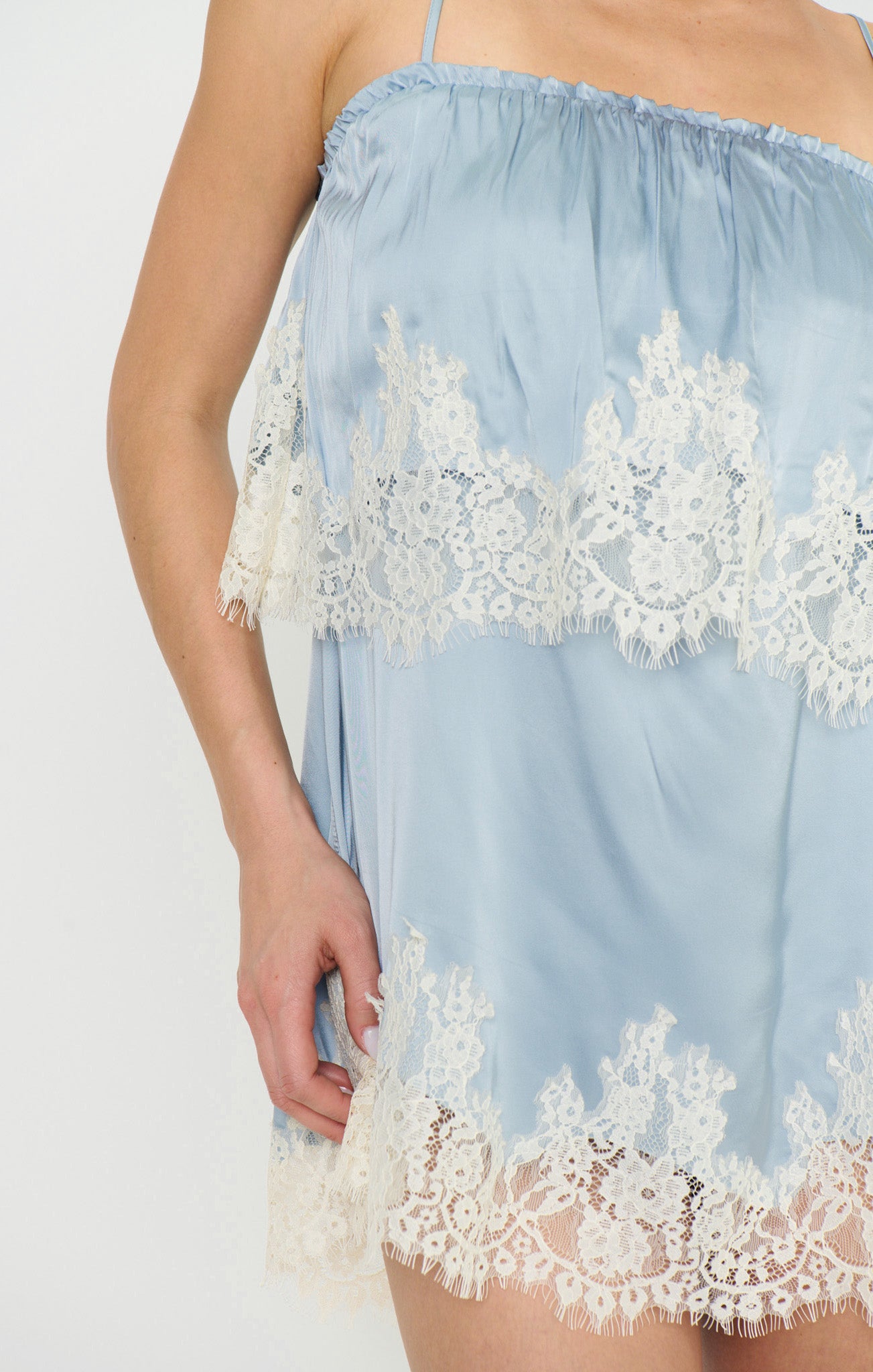 Emmylou Mini Dress ~ Blue Satin with Lace Trim - Image 4