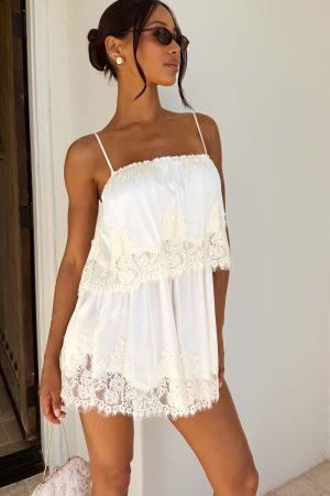 Emmylou Mini Dress ~ Ivory Satin with Lace Trim