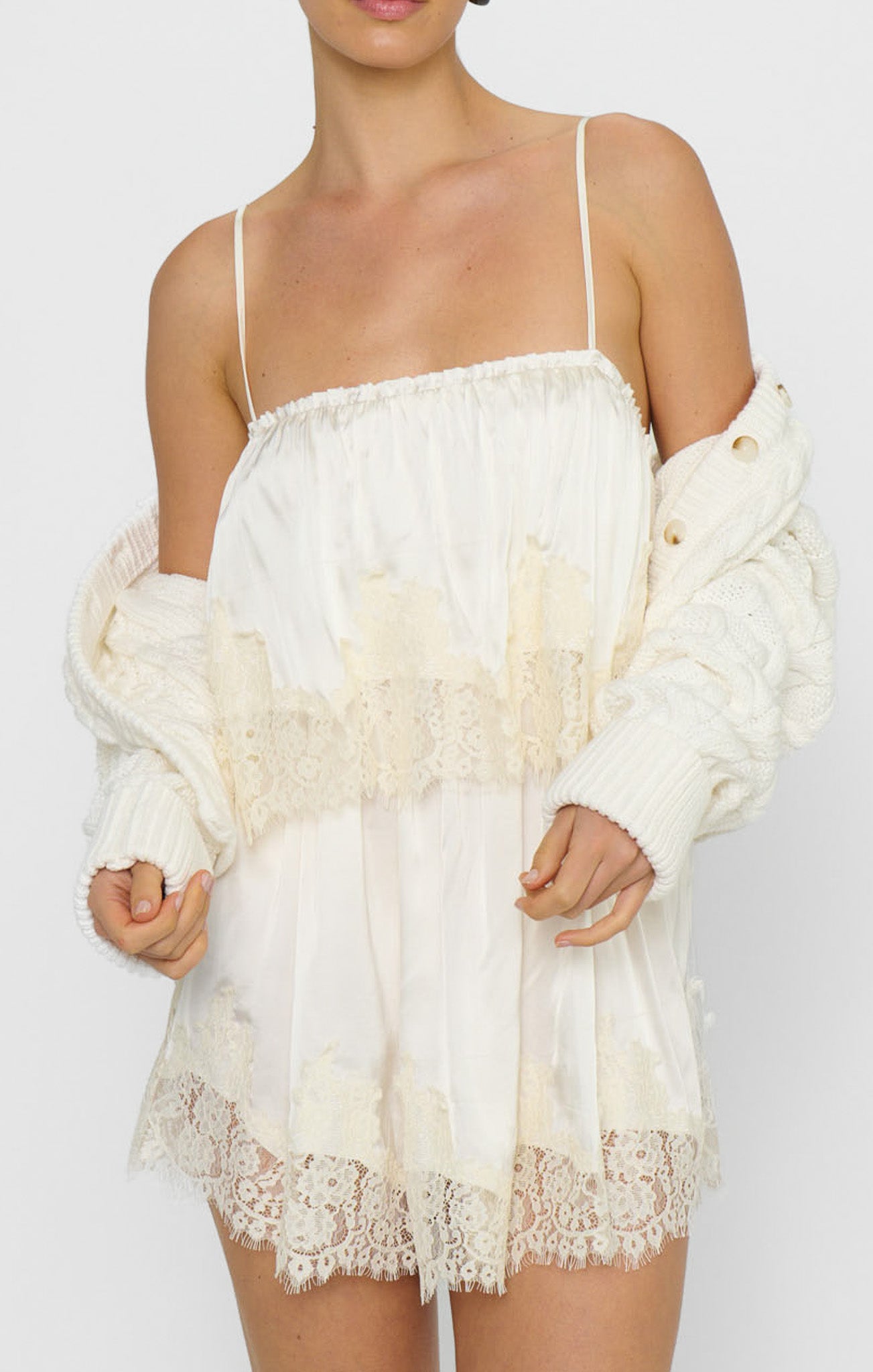 Emmylou Mini Dress ~ Ivory Satin with Lace Trim - Image 5
