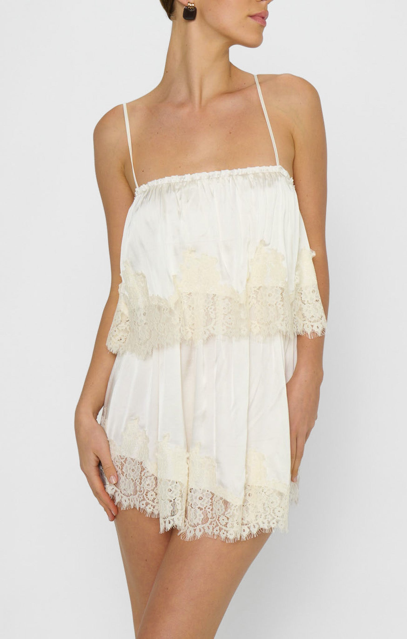 Emmylou Mini Dress ~ Ivory Satin with Lace Trim - Image 3
